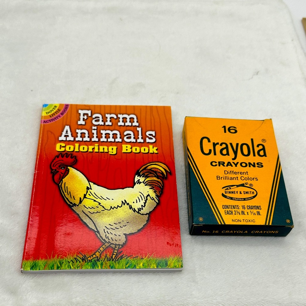 Vintage Crayola Crayons 16ct & Dover Farm Animal Coloring Book